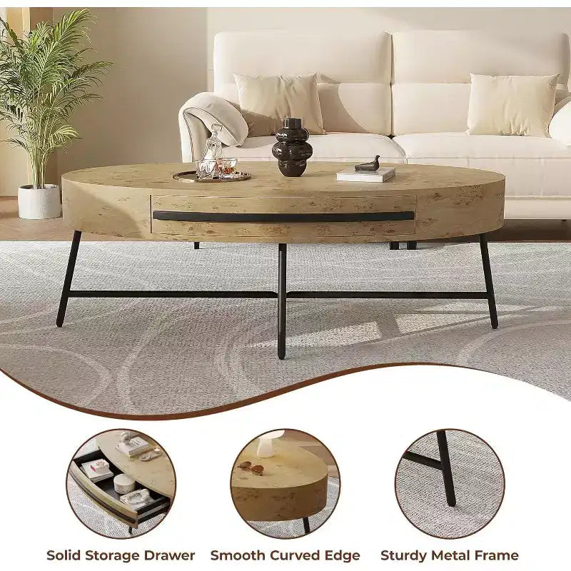Table basse ovale avec tiroir, table basse en bois de 120 cm avec rangement et pieds croisés en métal, design incurvé unique pour le salon