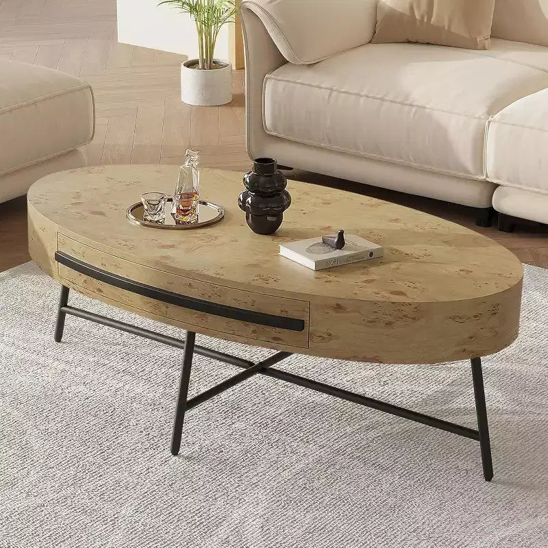 Table basse ovale avec tiroir, table basse en bois de 120 cm avec rangement et pieds croisés en métal, design incurvé unique pour le salon