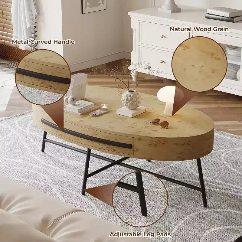 Table basse ovale avec tiroir, table basse en bois de 120 cm avec rangement et pieds croisés en métal, design incurvé unique pour le salon