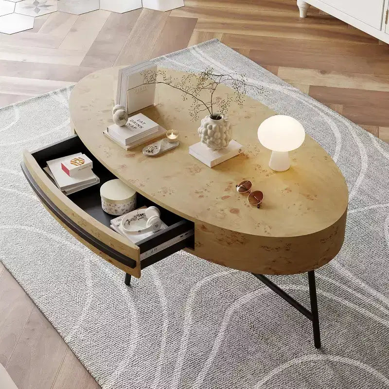 Table basse ovale avec tiroir, table basse en bois de 120 cm avec rangement et pieds croisés en métal, design incurvé unique pour le salon