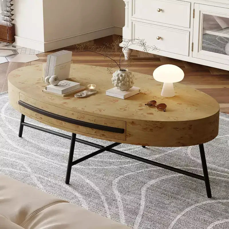 Oval Coffee Table with Drawer, 47.2 Wooden Coffee Table with Storage and Cross Metal Legs Unique Curved Design for Living Room