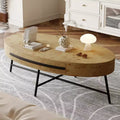 Oval Coffee Table with Drawer, 47.2 Wooden Coffee Table with Storage and Cross Metal Legs Unique Curved Design for Living Room