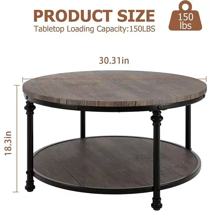 Table basse ronde de style ferme moderne, avec étagère de rangement et pieds romains en métal, facile à assembler, meuble d'appoint pour salon