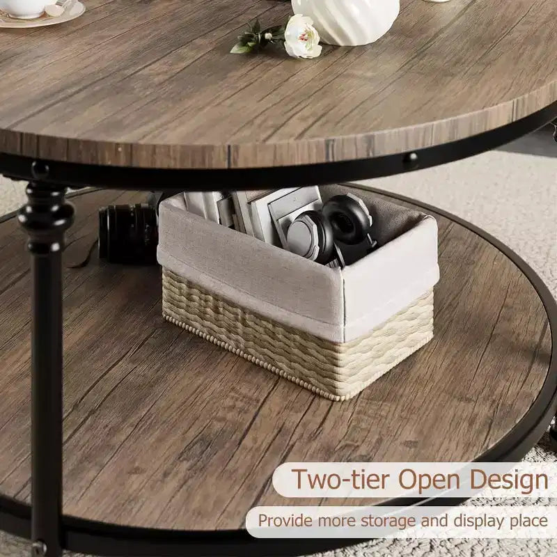 Table basse ronde de style ferme moderne, avec étagère de rangement et pieds romains en métal, facile à assembler, meuble d'appoint pour salon