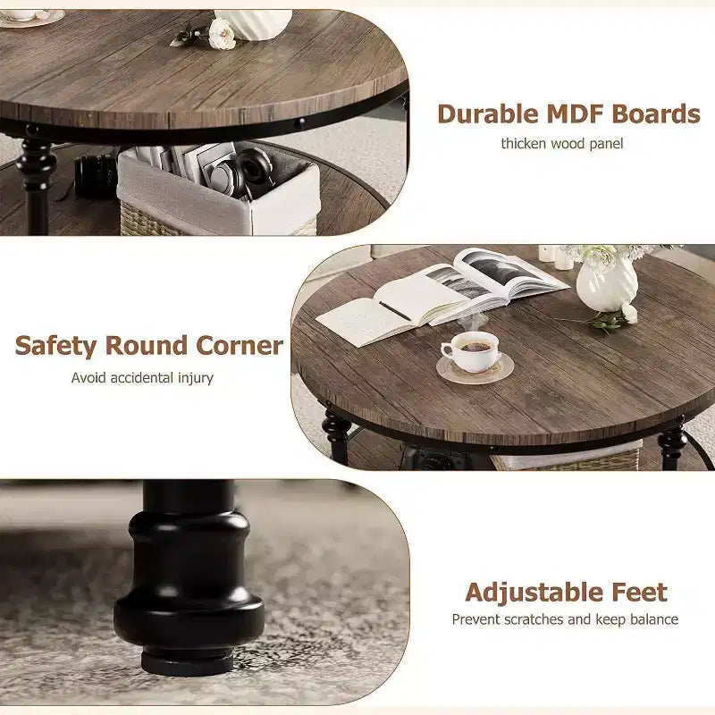Table basse ronde de style ferme moderne, avec étagère de rangement et pieds romains en métal, facile à assembler, meuble d'appoint pour salon