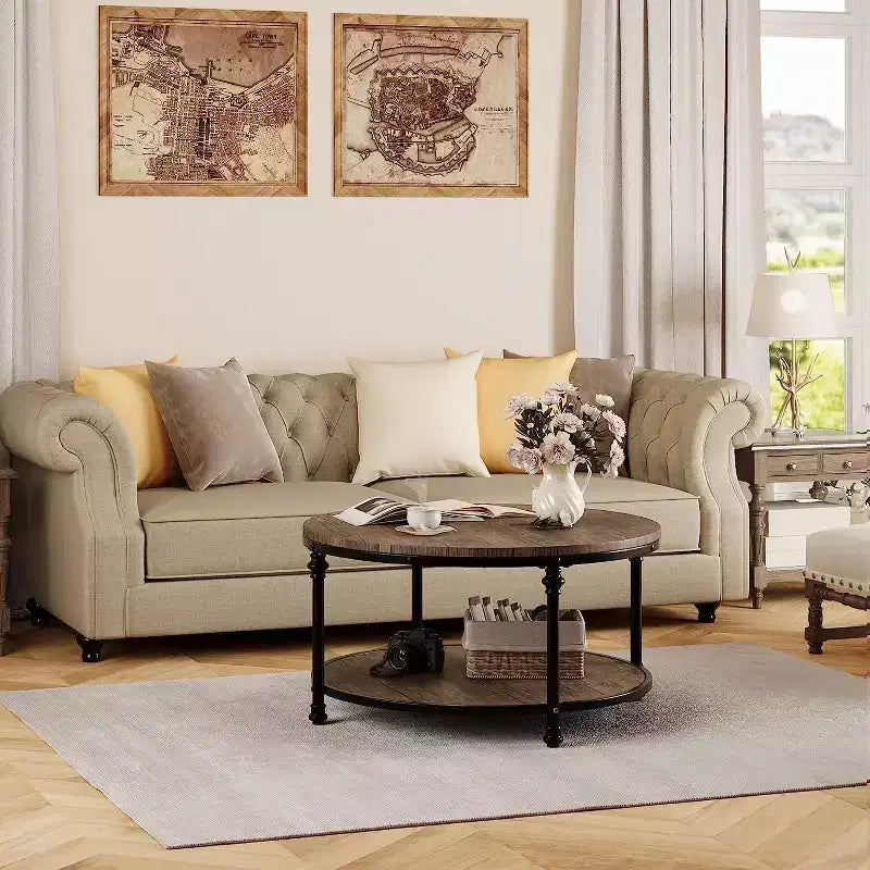 Table basse ronde de style ferme moderne, avec étagère de rangement et pieds romains en métal, facile à assembler, meuble d'appoint pour salon