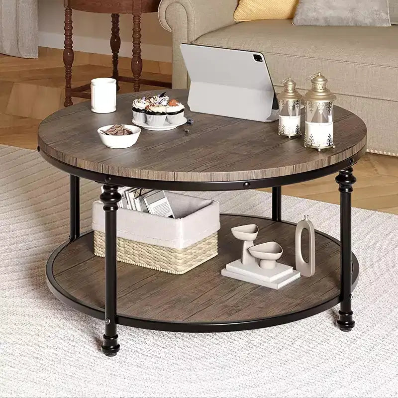 Table basse ronde de style ferme moderne, avec étagère de rangement et pieds romains en métal, facile à assembler, meuble d'appoint pour salon