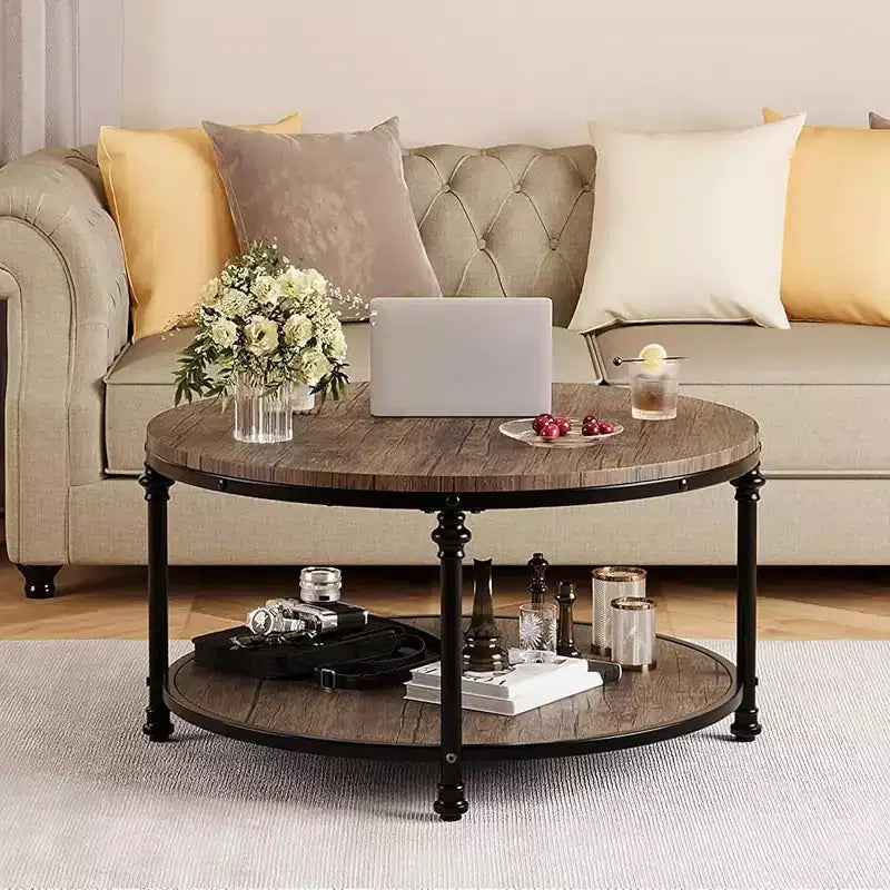 Table basse ronde de style ferme moderne, avec étagère de rangement et pieds romains en métal, facile à assembler, meuble d'appoint pour salon