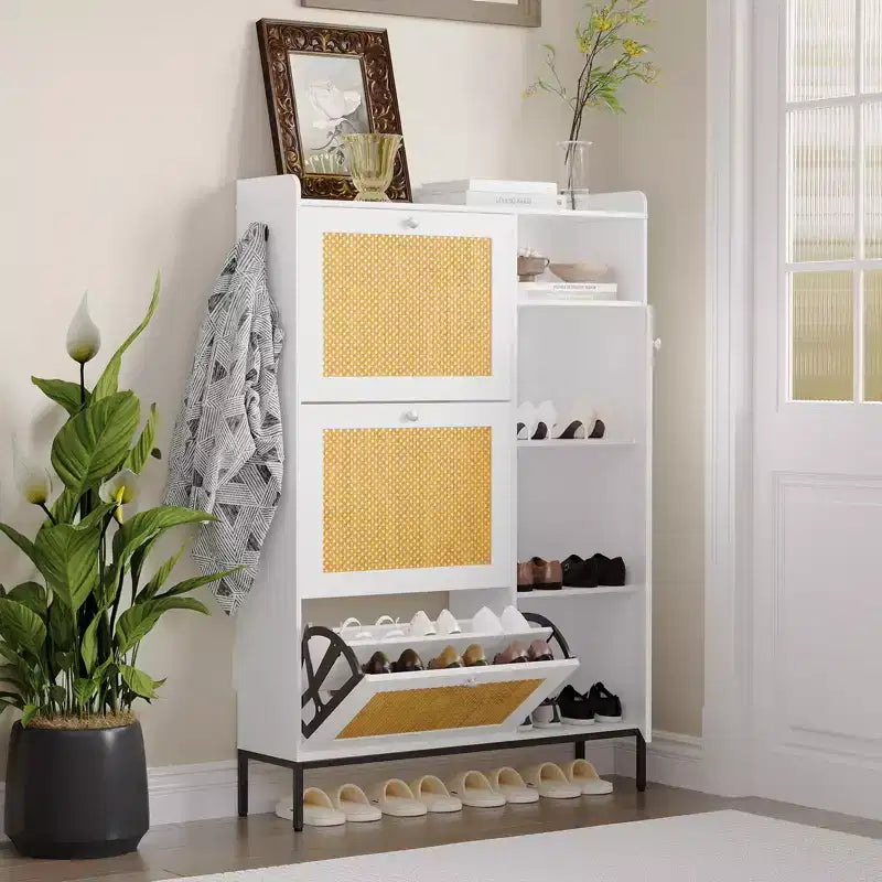 CuisinSmart 3 Tier Free Standing Shoe Cabinet with Natural Rattan, Shoe Organizer with Adjustable Shelves, Narrow Shoe Rack for Hallway, White