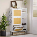 CuisinSmart 3 Tier Free Standing Shoe Cabinet with Natural Rattan, Shoe Organizer with Adjustable Shelves, Narrow Shoe Rack for Hallway, White
