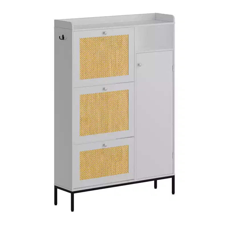 Meuble à Chaussures CuisinSmart 3 Niveaux sur Pied avec Rotin Naturel, Organisateur de Chaussures avec Étagères Réglables, Meuble à Chaussures Étroit pour Couloir, Blanc