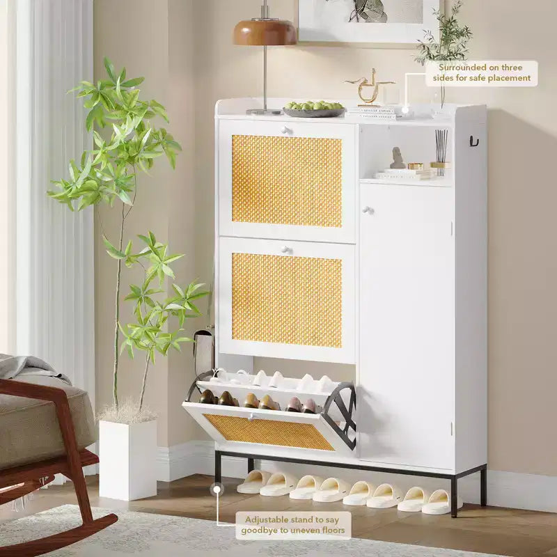 Meuble à Chaussures CuisinSmart 3 Niveaux sur Pied avec Rotin Naturel, Organisateur de Chaussures avec Étagères Réglables, Meuble à Chaussures Étroit pour Couloir, Blanc