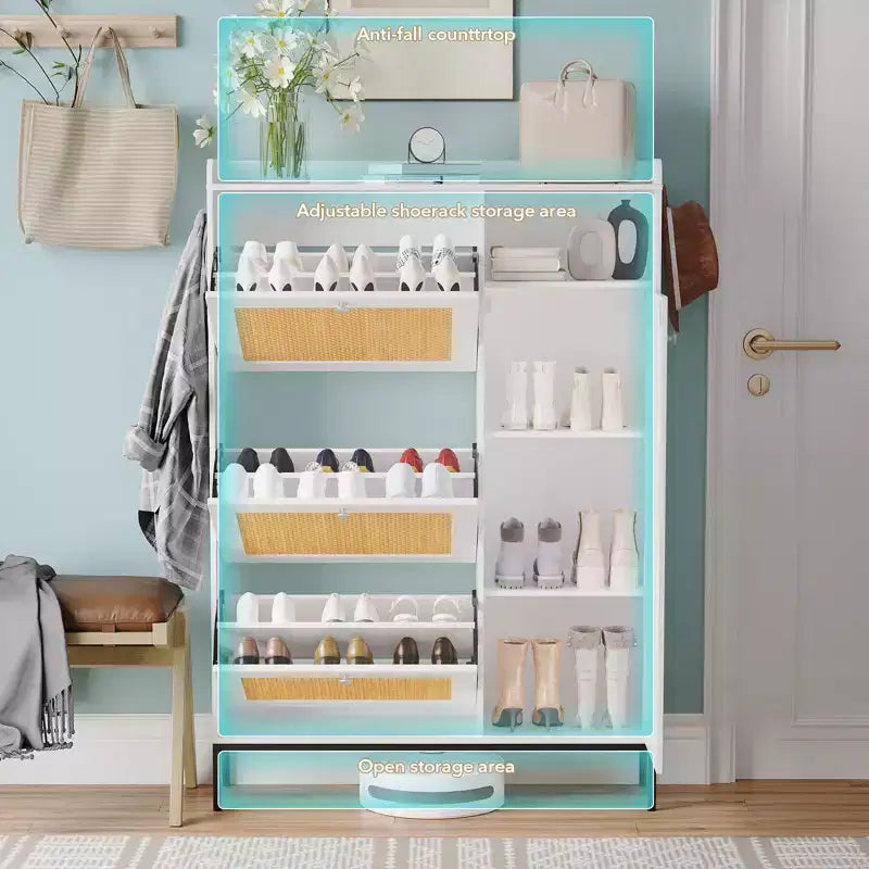 Meuble à Chaussures CuisinSmart 3 Niveaux sur Pied avec Rotin Naturel, Organisateur de Chaussures avec Étagères Réglables, Meuble à Chaussures Étroit pour Couloir, Blanc
