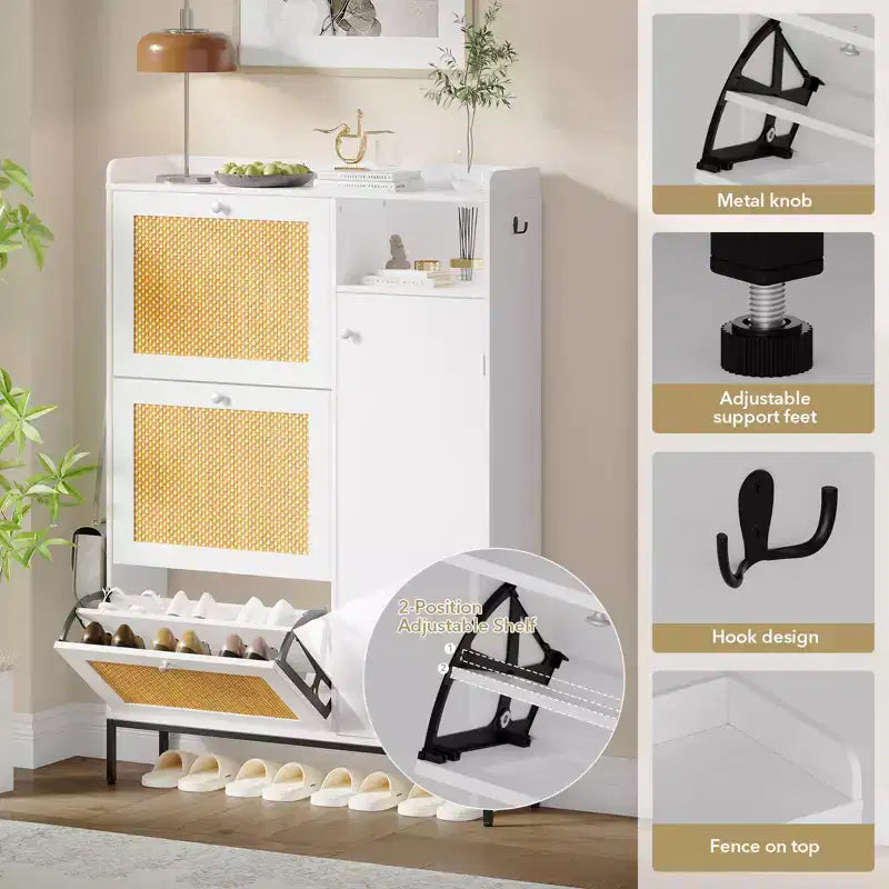 Meuble à Chaussures CuisinSmart 3 Niveaux sur Pied avec Rotin Naturel, Organisateur de Chaussures avec Étagères Réglables, Meuble à Chaussures Étroit pour Couloir, Blanc