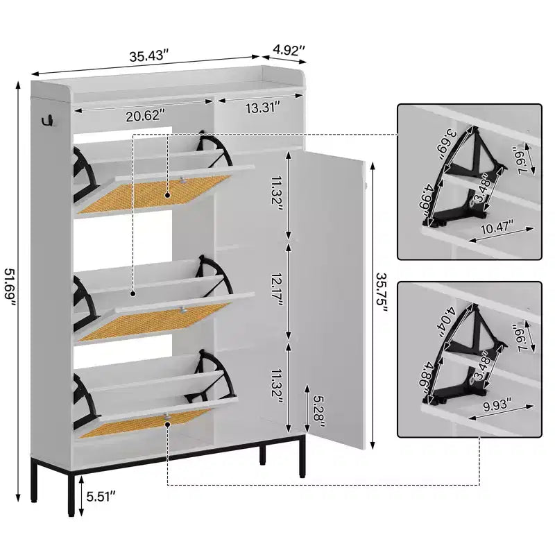 Meuble à Chaussures CuisinSmart 3 Niveaux sur Pied avec Rotin Naturel, Organisateur de Chaussures avec Étagères Réglables, Meuble à Chaussures Étroit pour Couloir, Blanc