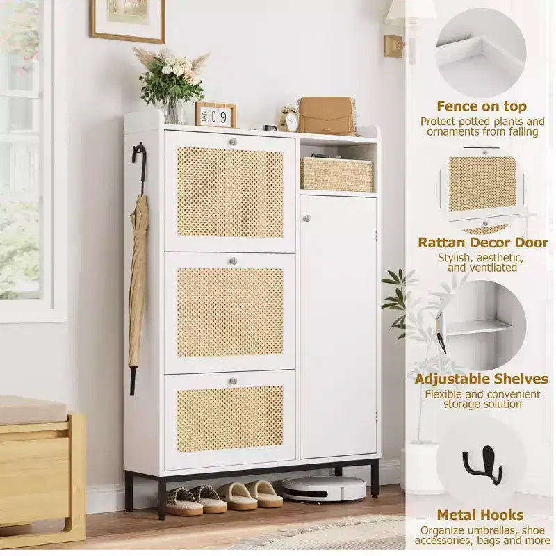 Meuble à Chaussures CuisinSmart 3 Niveaux sur Pied avec Rotin Naturel, Organisateur de Chaussures avec Étagères Réglables, Meuble à Chaussures Étroit pour Couloir, Blanc