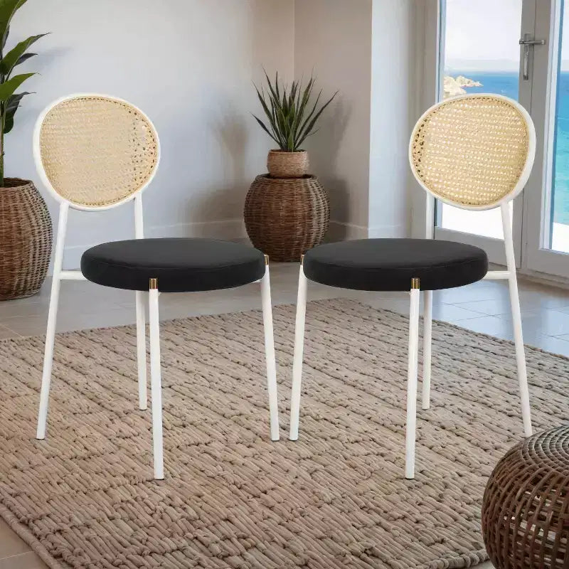 Chaises de salle à manger LeisureMod Euston en velours et rotin à dossier ouvert, ensemble de 2, base en acier inoxydable, sièges modernes et confortables pour cuisine, salle à manger, café