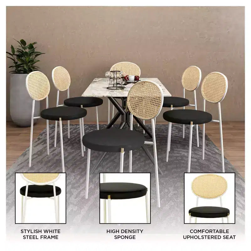 Chaises de salle à manger LeisureMod Euston en velours et rotin à dossier ouvert, ensemble de 2, base en acier inoxydable, sièges modernes et confortables pour cuisine, salle à manger, café