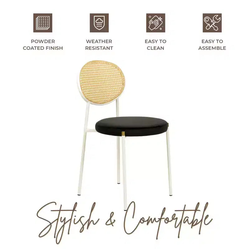 Chaises de salle à manger LeisureMod Euston en velours et rotin à dossier ouvert, ensemble de 2, base en acier inoxydable, sièges modernes et confortables pour cuisine, salle à manger, café