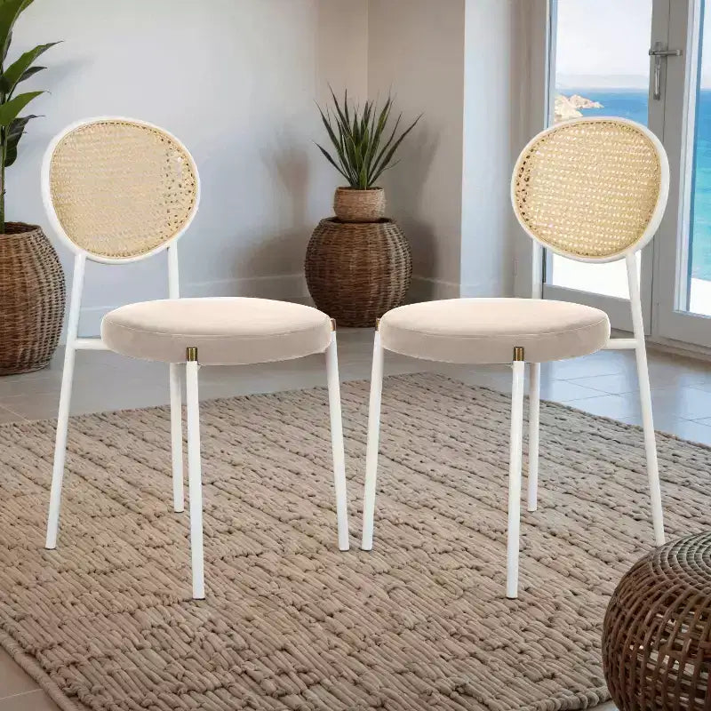 Chaises de salle à manger LeisureMod Euston en velours et rotin à dossier ouvert, ensemble de 2, base en acier inoxydable, sièges modernes et confortables pour cuisine, salle à manger, café