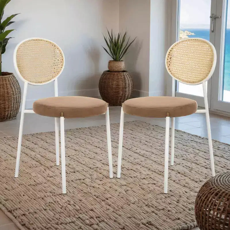 Chaises de salle à manger LeisureMod Euston en velours et rotin à dossier ouvert, ensemble de 2, base en acier inoxydable, sièges modernes et confortables pour cuisine, salle à manger, café