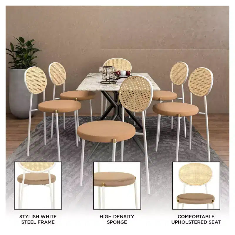 Chaises de salle à manger LeisureMod Euston en velours et rotin à dossier ouvert, ensemble de 2, base en acier inoxydable, sièges modernes et confortables pour cuisine, salle à manger, café