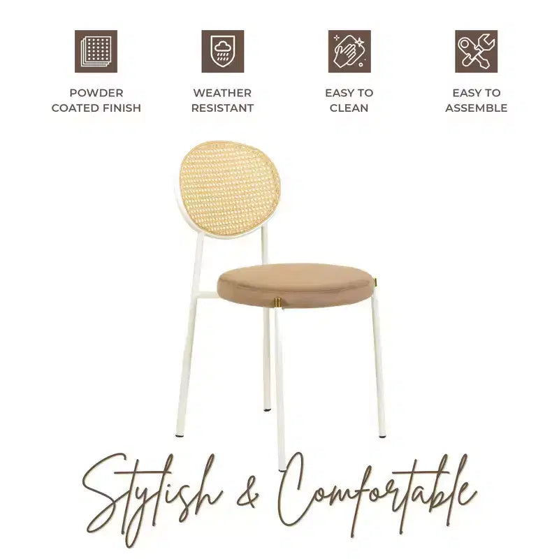 Chaises de salle à manger LeisureMod Euston en velours et rotin à dossier ouvert, ensemble de 2, base en acier inoxydable, sièges modernes et confortables pour cuisine, salle à manger, café