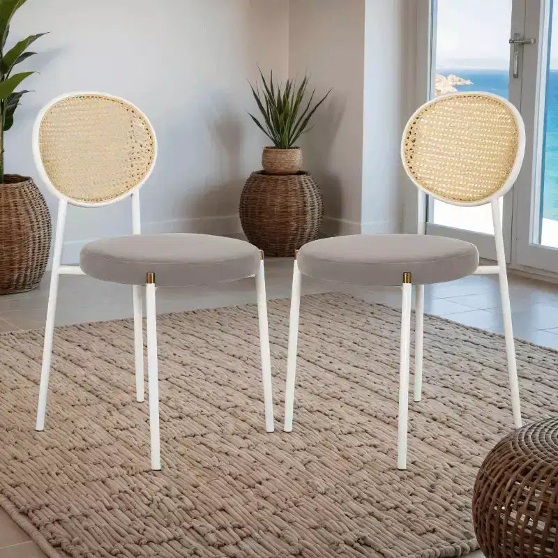 Chaises de salle à manger LeisureMod Euston en velours et rotin à dossier ouvert, ensemble de 2, base en acier inoxydable, sièges modernes et confortables pour cuisine, salle à manger, café