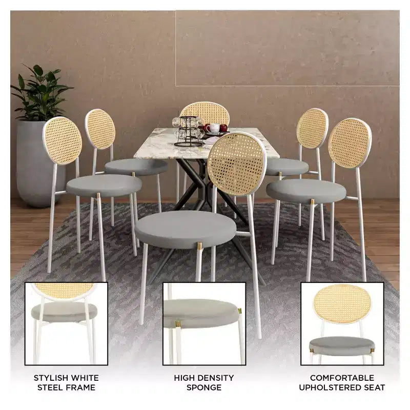 Chaises de salle à manger LeisureMod Euston en velours et rotin à dossier ouvert, ensemble de 2, base en acier inoxydable, sièges modernes et confortables pour cuisine, salle à manger, café