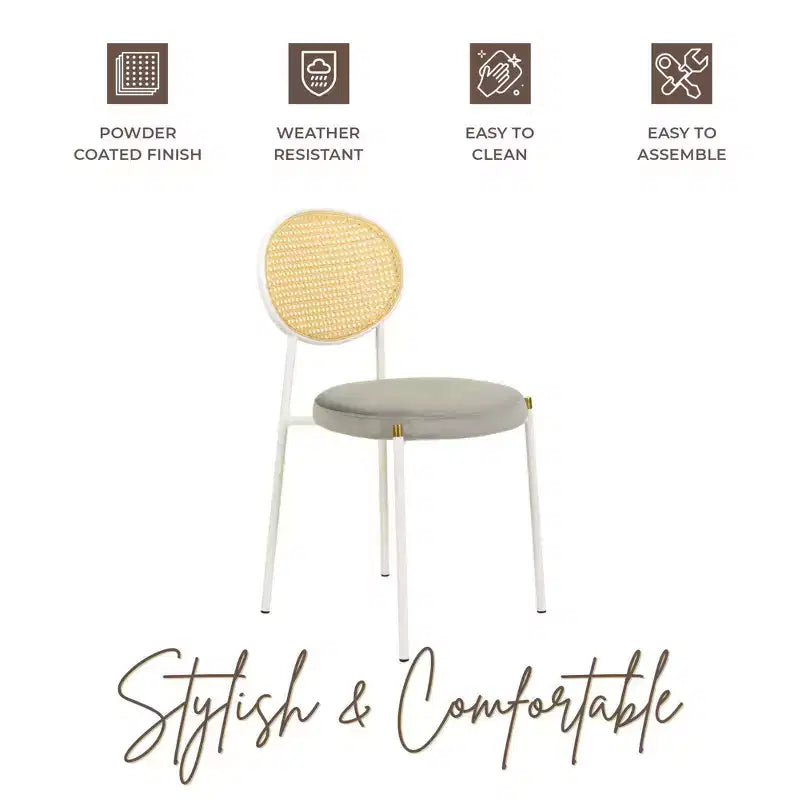 Chaises de salle à manger LeisureMod Euston en velours et rotin à dossier ouvert, ensemble de 2, base en acier inoxydable, sièges modernes et confortables pour cuisine, salle à manger, café