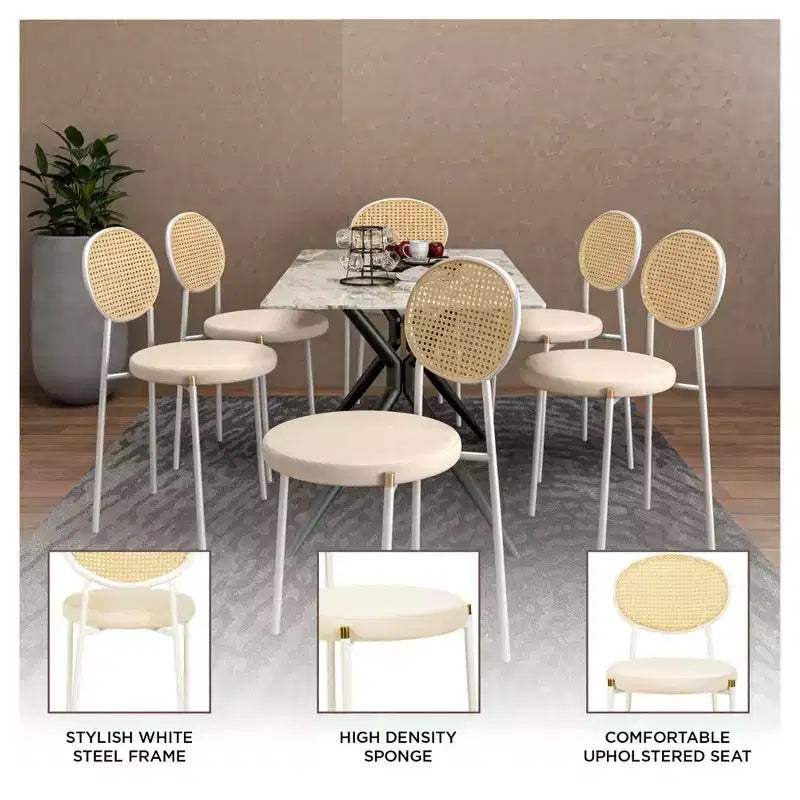 Chaises de salle à manger LeisureMod Euston en velours et rotin à dossier ouvert, ensemble de 2, base en acier inoxydable, sièges modernes et confortables pour cuisine, salle à manger, café