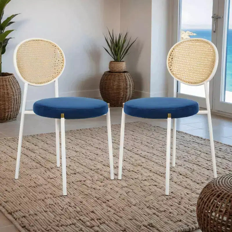 Chaises de salle à manger LeisureMod Euston en velours et rotin à dossier ouvert, ensemble de 2, base en acier inoxydable, sièges modernes et confortables pour cuisine, salle à manger, café