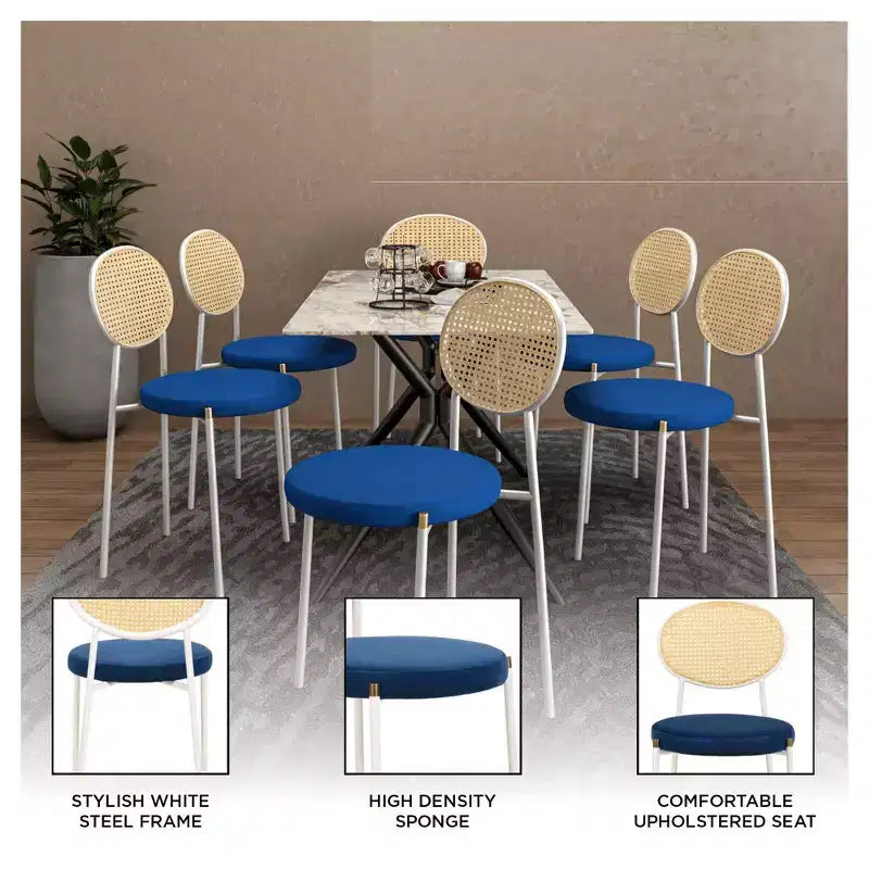 Chaises de salle à manger LeisureMod Euston en velours et rotin à dossier ouvert, ensemble de 2, base en acier inoxydable, sièges modernes et confortables pour cuisine, salle à manger, café