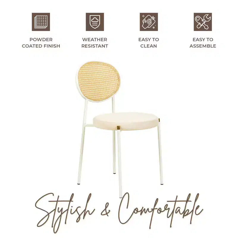 Chaises de salle à manger LeisureMod Euston en velours et rotin à dossier ouvert, ensemble de 2, base en acier inoxydable, sièges modernes et confortables pour cuisine, salle à manger, café