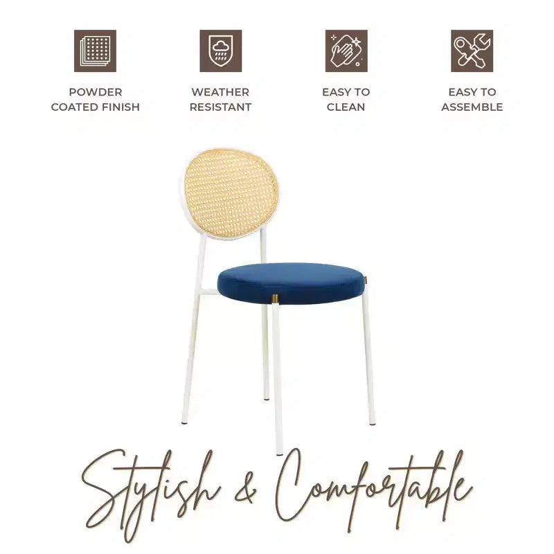 Chaises de salle à manger LeisureMod Euston en velours et rotin à dossier ouvert, ensemble de 2, base en acier inoxydable, sièges modernes et confortables pour cuisine, salle à manger, café