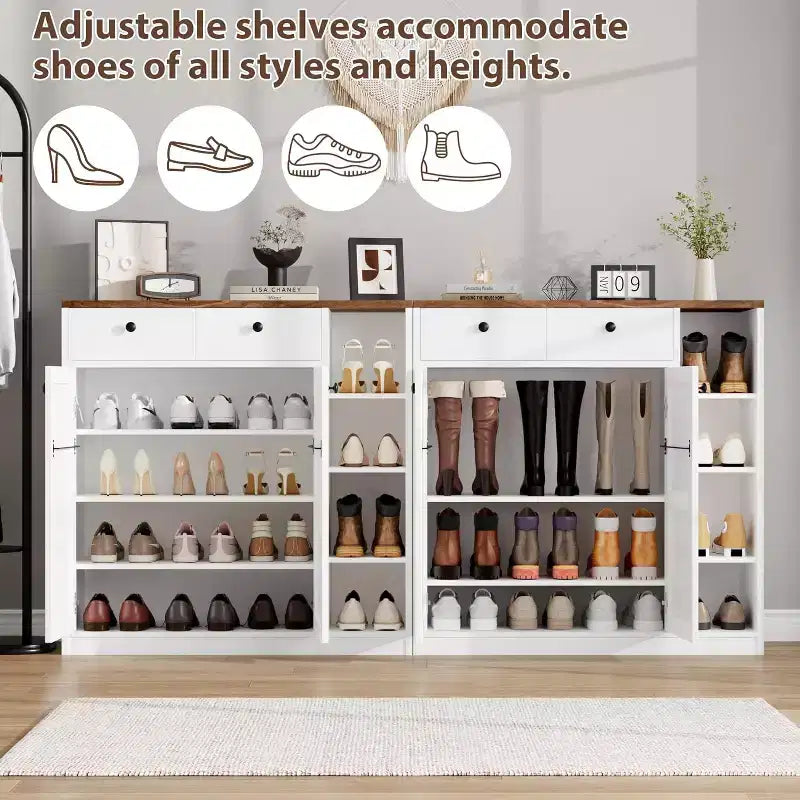 Meubles de rangement multi-usages avec portes et tiroirs, meuble à chaussures étroit avec étagères réglables