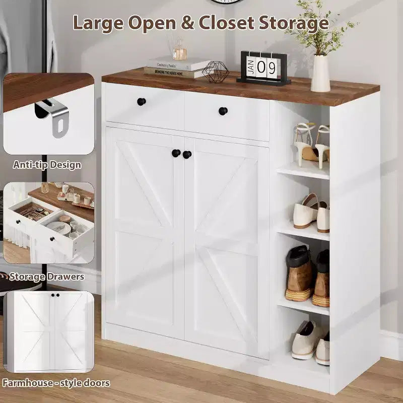 Meubles de rangement multi-usages avec portes et tiroirs, meuble à chaussures étroit avec étagères réglables
