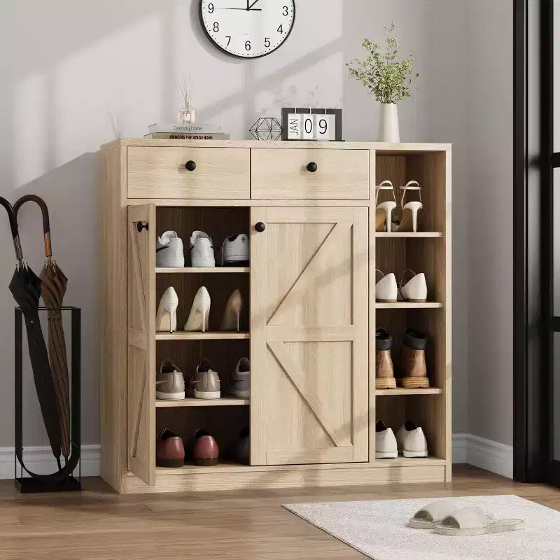 Meubles de rangement multi-usages avec portes et tiroirs, meuble à chaussures étroit avec étagères réglables