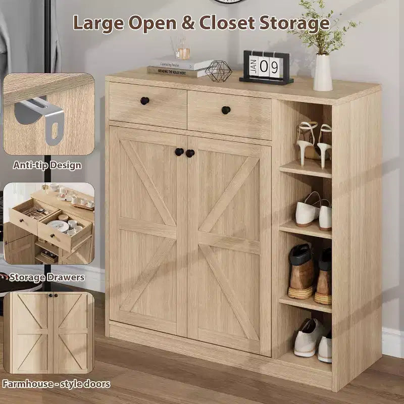 Meubles de rangement multi-usages avec portes et tiroirs, meuble à chaussures étroit avec étagères réglables