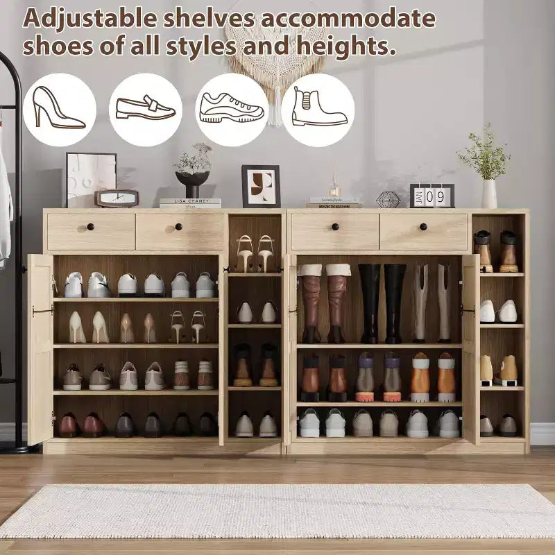 Meubles de rangement multi-usages avec portes et tiroirs, meuble à chaussures étroit avec étagères réglables