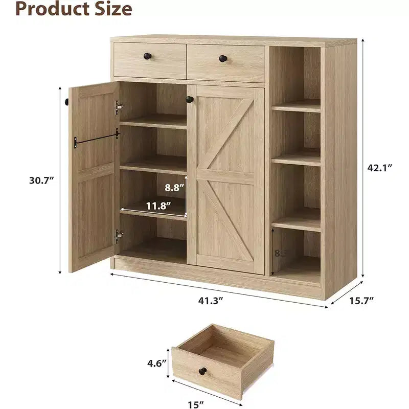 Meubles de rangement multi-usages avec portes et tiroirs, meuble à chaussures étroit avec étagères réglables