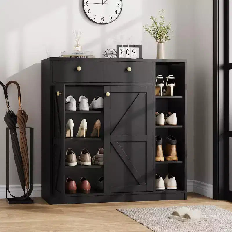 Meubles de rangement multi-usages avec portes et tiroirs, meuble à chaussures étroit avec étagères réglables
