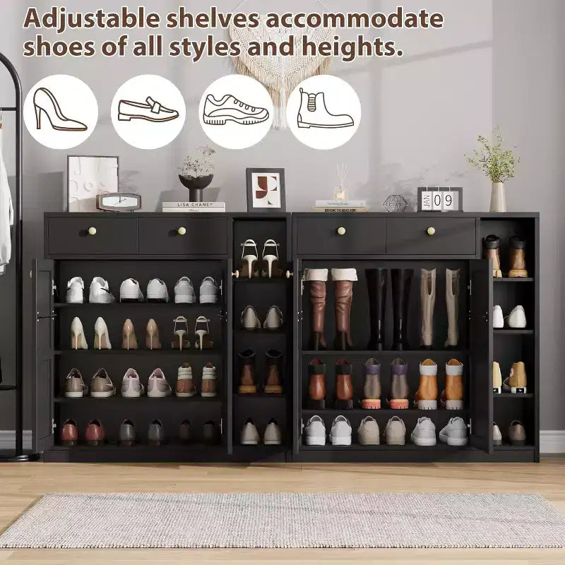 Meubles de rangement multi-usages avec portes et tiroirs, meuble à chaussures étroit avec étagères réglables