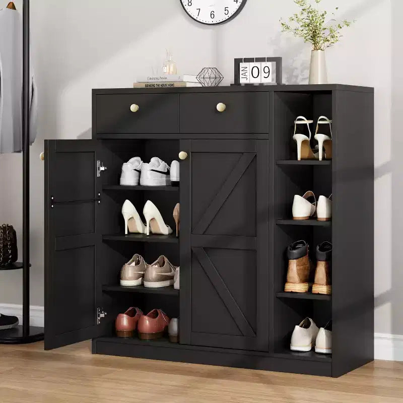 Meubles de rangement multi-usages avec portes et tiroirs, meuble à chaussures étroit avec étagères réglables
