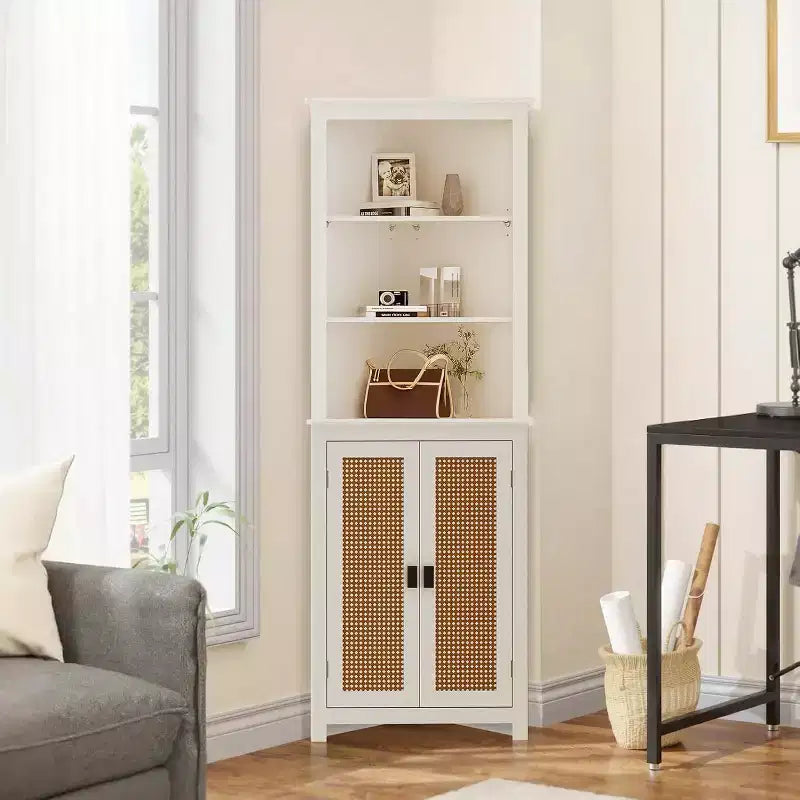 Rattan Corner Cabinet with 2 Doors and 3 Open Shelves, Corner Storage Cabinet with Adjustable Shelf