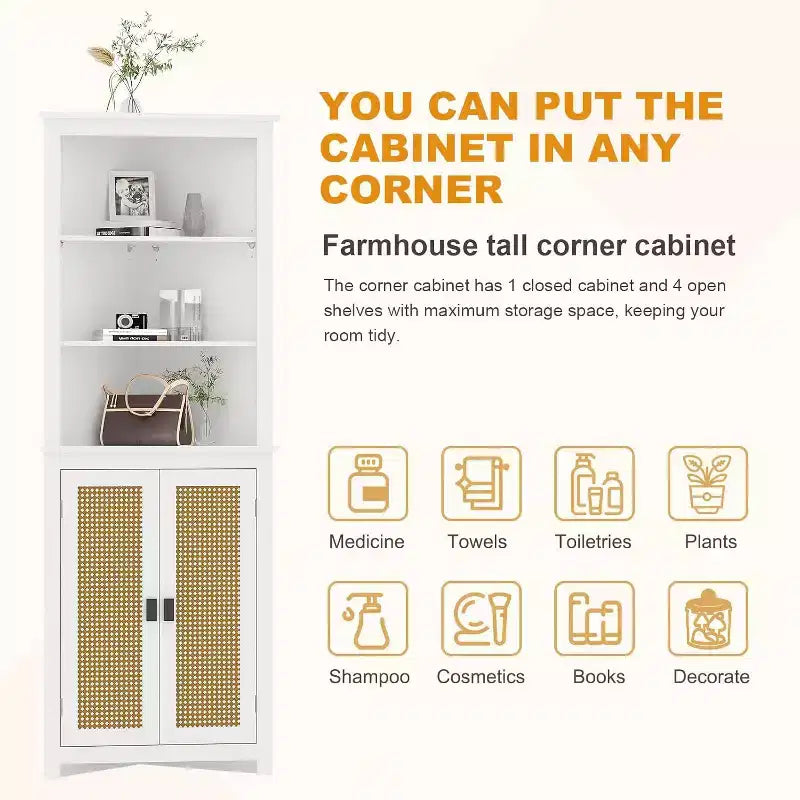 Meuble d'angle en rotin avec 2 portes et 3 étagères ouvertes, meuble de rangement d'angle avec étagère réglable