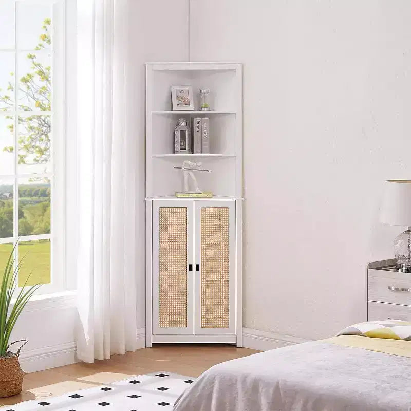 Meuble d'angle en rotin avec 2 portes et 3 étagères ouvertes, meuble de rangement d'angle avec étagère réglable