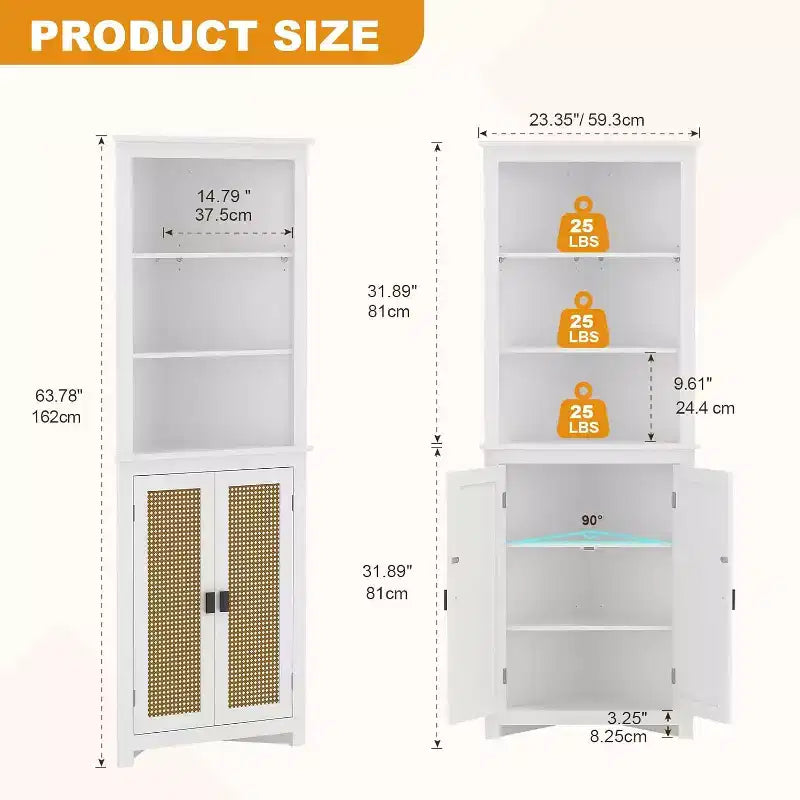 Meuble d'angle en rotin avec 2 portes et 3 étagères ouvertes, meuble de rangement d'angle avec étagère réglable
