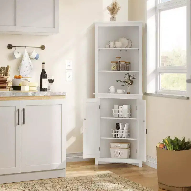 Meuble d'angle en rotin avec 2 portes et 3 étagères ouvertes, meuble de rangement d'angle avec étagère réglable