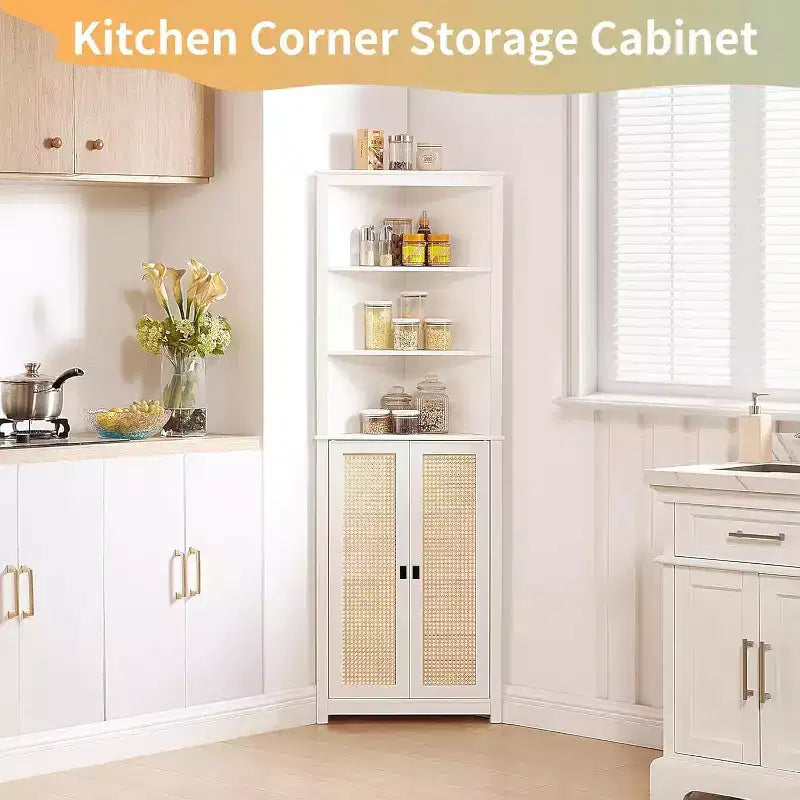 Meuble d'angle en rotin avec 2 portes et 3 étagères ouvertes, meuble de rangement d'angle avec étagère réglable
